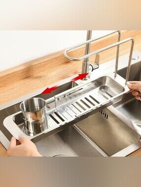 Adjustable 17.5 Inch  Stainless Steel Sink Organizer Caddy with Utensil Holder